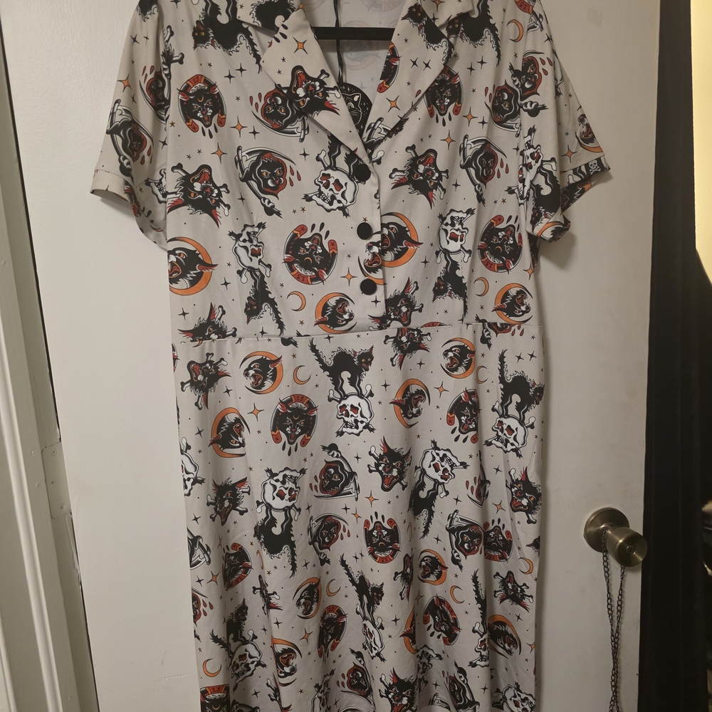 Sourpuss Beige Halloween Moon & Cat Midi Dress with Black and Orange Print